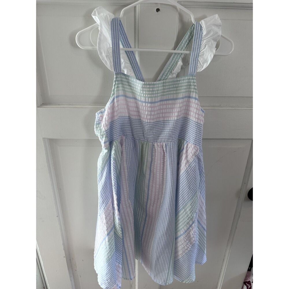 Crown & Ivy Kids XL Seersucker Stripe Dress Pastel Ruffle Bow Preppy